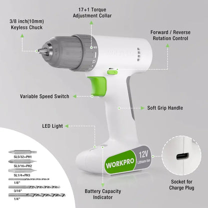 WORKPRO 12V Cordless Drill Driver  3/8″ Keyless Chuck, 18-Torque Settings & 6 Bits