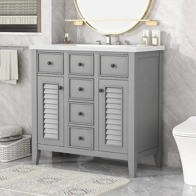 Contemporary Bathroom Vanity Featuring Ceramic Sink, Dual Cabinets, and Five Storage Drawers