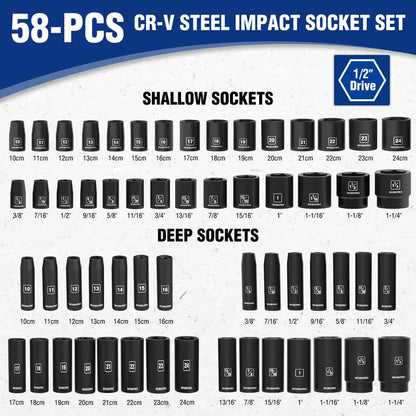 WORKPRO 65-Piece 1/2-Inch Drive Impact Socket Set  SAE & Metric Deep and Standard Sizes