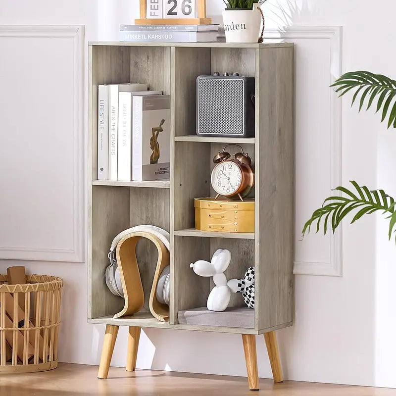 LEYAOYAO Natural Wood 7-Cube Bookshelf  Modern Open-Back Storage Unit with Solid Legs