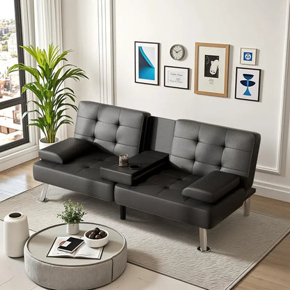 Modern Convertible Futon Sofa Bed with Cup Holders & Removable Armrests  Compact Black Artificial Leather Lounge for Small Living Spaces