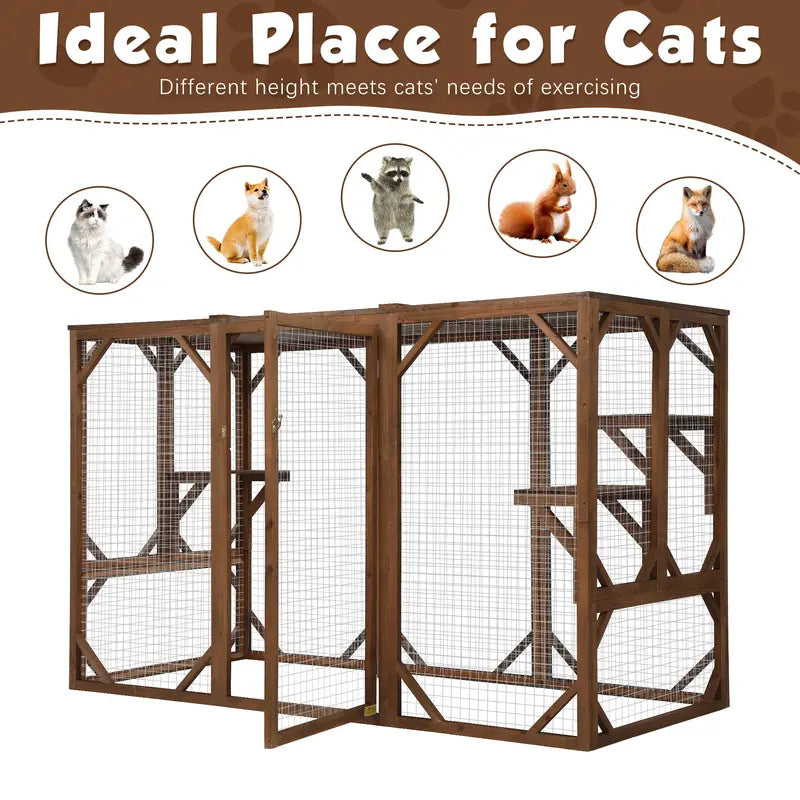 Coziwow Outdoor Cat House Enclosure Pet Cage Catio W/ Asphalt Roof, 3 Platforms, Gray