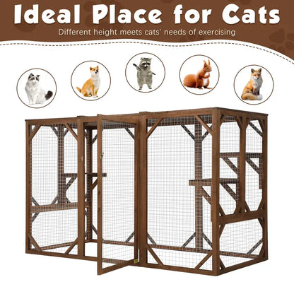 Coziwow Outdoor Cat House Enclosure Pet Cage Catio W/ Asphalt Roof, 3 Platforms, Gray