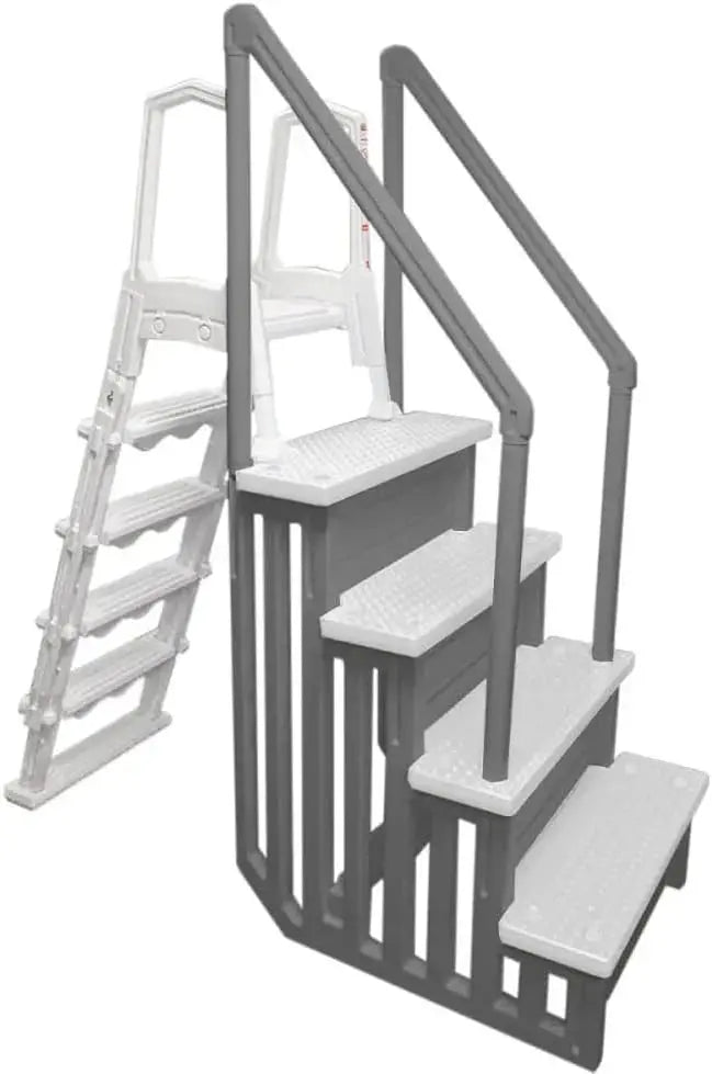 Gray Anti-Slip In-Pool Steps  Deck-Mountable Safety Stairs for Above-Ground Pools