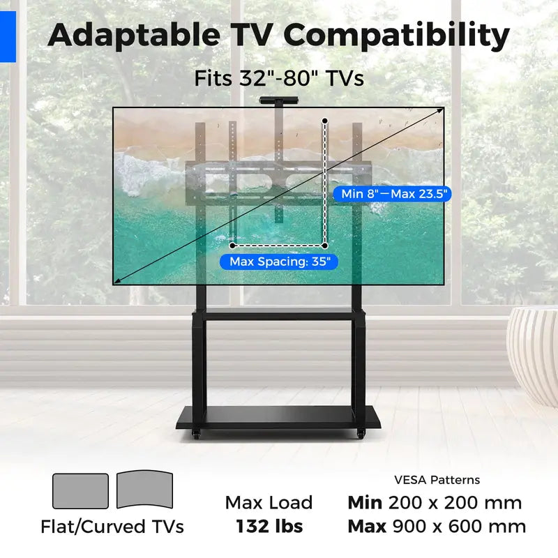 Rolling TV Stand with Camera Shelf and AV Storage Compartments