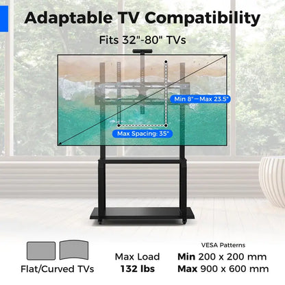Rolling TV Stand with Camera Shelf and AV Storage Compartments