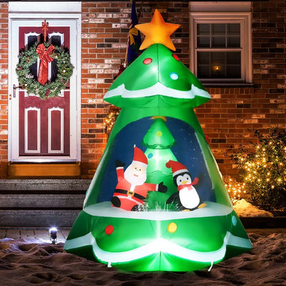 HOMCOM 7FT Inflatable Christmas Tree with Santa & Penguin, LED Lights, Outdoor Decor