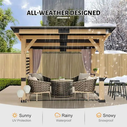 10×12 FT Cedar Hardtop Gazebo  All-Season Wooden Outdoor Structure with Metal Roof, Back Curtains & Weather-Resistant Finish