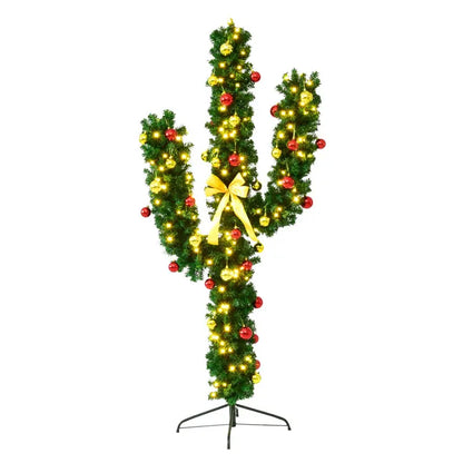 Artificial Cactus-Themed Christmas Tree with Integrated LED Lights and Decorative Ball Ornaments