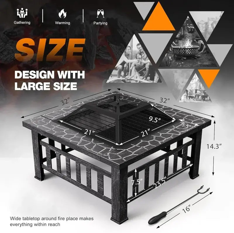 Devoko 32-Inch Weather-Resistant Fire Pit Table with Waterproof Cover for Outdoor Use