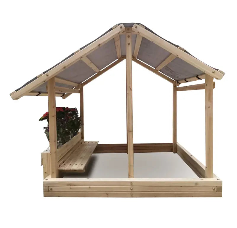 Funphix Dig n’ Play Wooden Sandbox Playhouse with Bench and Flower Planter, Outdoor Sand Pit for Kids