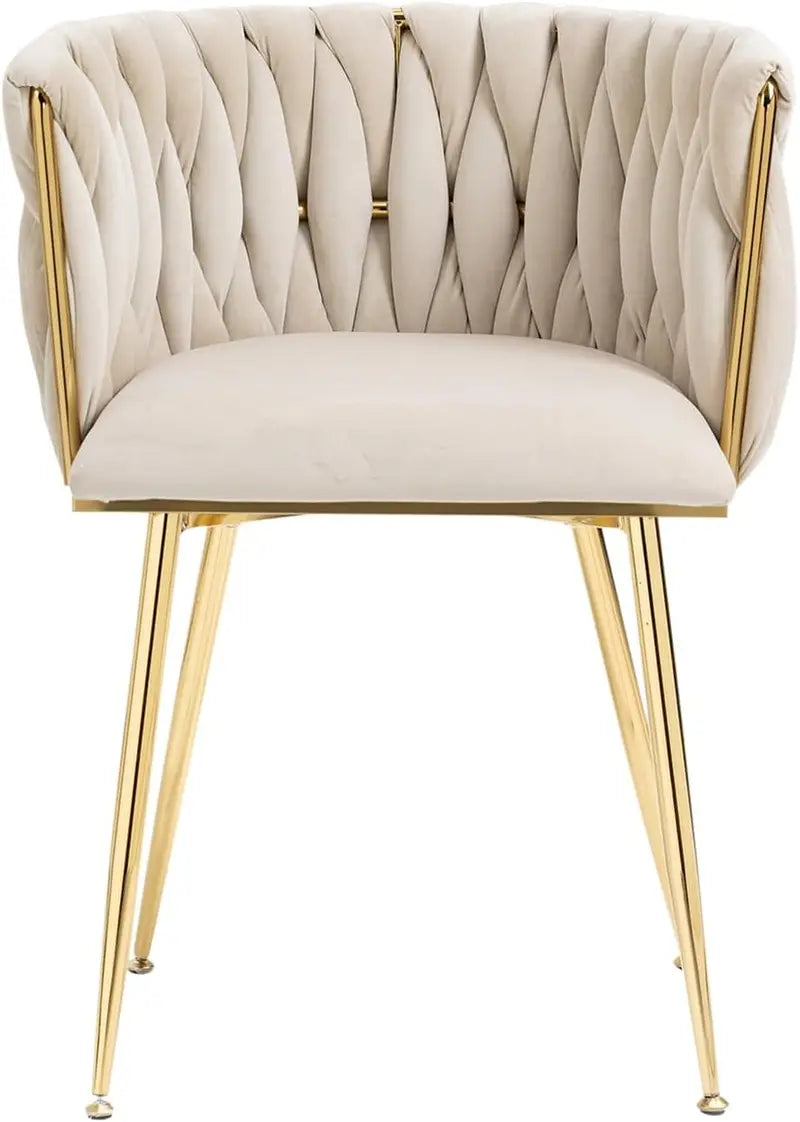 Set of 4 Velvet Dining Chairs  Beige Upholstered Woven Chairs with Gold Metal Legs for Dining, Living, or Bedroom Use
