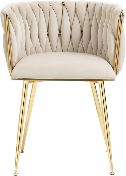 Set of 4 Velvet Dining Chairs  Beige Upholstered Woven Chairs with Gold Metal Legs for Dining, Living, or Bedroom Use