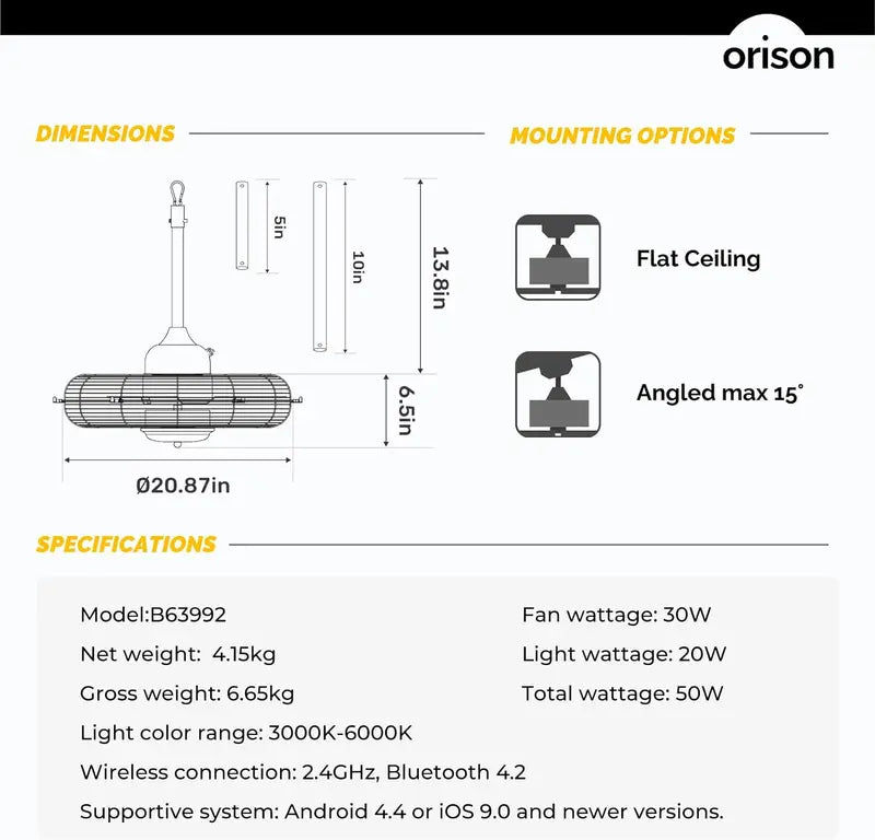 21-Inch Outdoor Ceiling Fan with Integrated Light  Wet-Rated, Remote & App-Controlled Hanging Fan for Patios & Gazebos