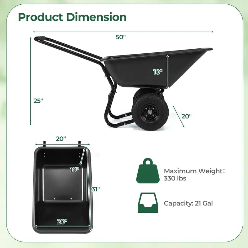 Dual-Wheel Pneumatic Wheelbarrow  Heavy-Duty Garden Cart with 330 LB Load Capacity