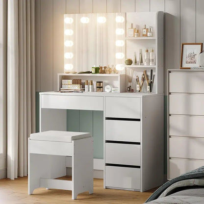 Furniouse Lighted Vanity Mirror Set with 5-Drawer Storage Table  Modern Makeup Station