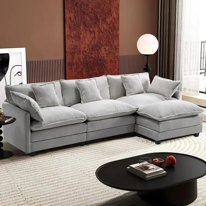 111.4-Inch L-Shaped Modular Cloud Sofa  Chenille 4-Seater with Ottoman & Deep Seat Design