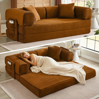 White Boneless Folding Sofa  81″ Corduroy Futon Couch Bed with Fixed-Shape Design for Small Spaces