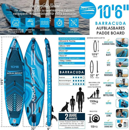 Aqua Spirit Inflatable SUP Board  320 x 81 x 15 cm Stand-Up Paddleboard with Full Accessory Kit (Paddle, Seat, Backpack, Pump)  Blue