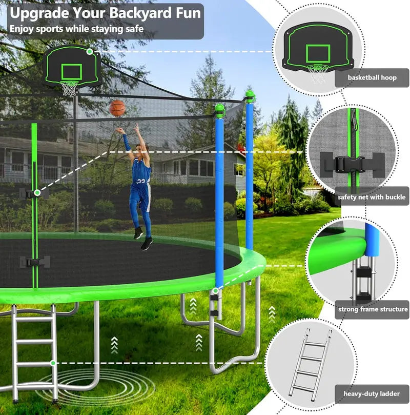 16-Foot Upgraded Trampoline with Enclosure Net and Adjustable Basketball Hoop