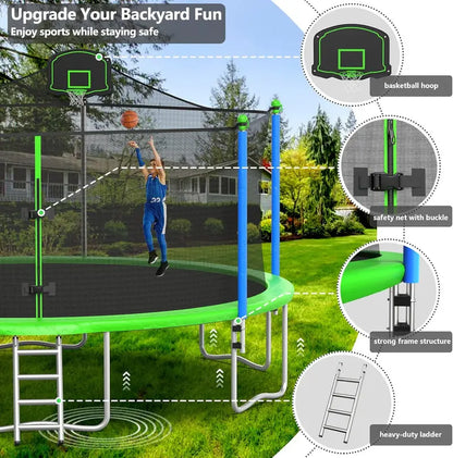 16-Foot Upgraded Trampoline with Enclosure Net and Adjustable Basketball Hoop