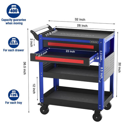WORKPRO 28-Inch Rolling Tool Cart  Dual-Drawer Industrial Storage with Locking Wheels