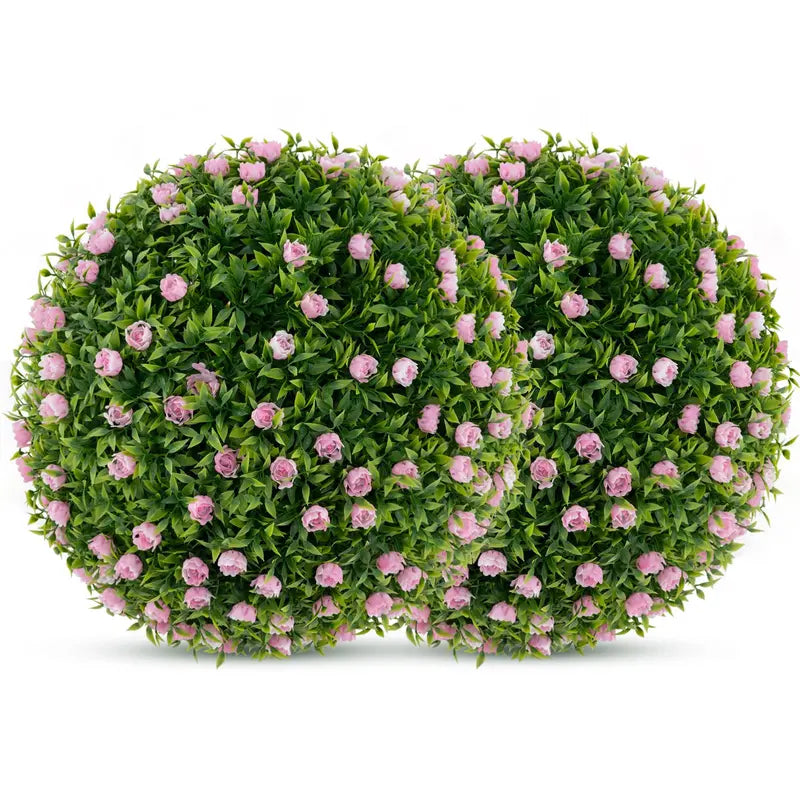 Dual 17.5-Inch Faux Greenery Topiary Balls with Pink Floral Accents for Exterior Use