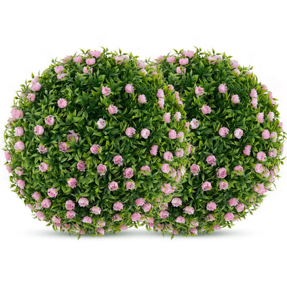Dual 17.5-Inch Faux Greenery Topiary Balls with Pink Floral Accents for Exterior Use