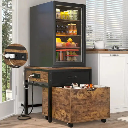Compact Fridge Stand with Built-in Charging Station, Storage Drawers, and Mobile Cabinet Design