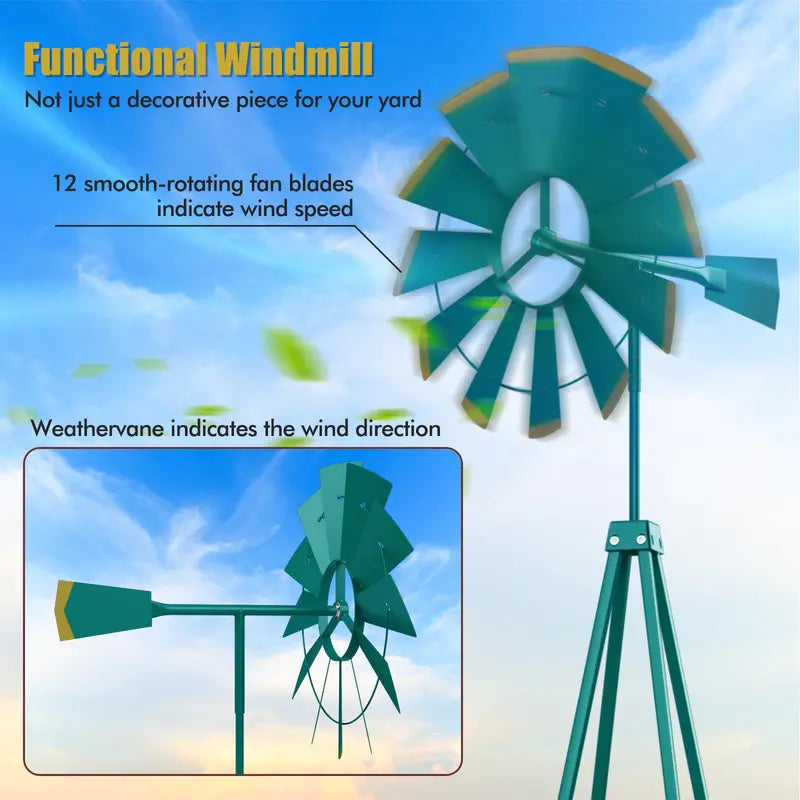 8-Foot All-Weather Ornamental Metal Windmill with Four-Point Base and Weathervane Feature