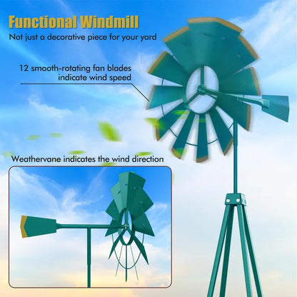 8-Foot All-Weather Ornamental Metal Windmill with Four-Point Base and Weathervane Feature