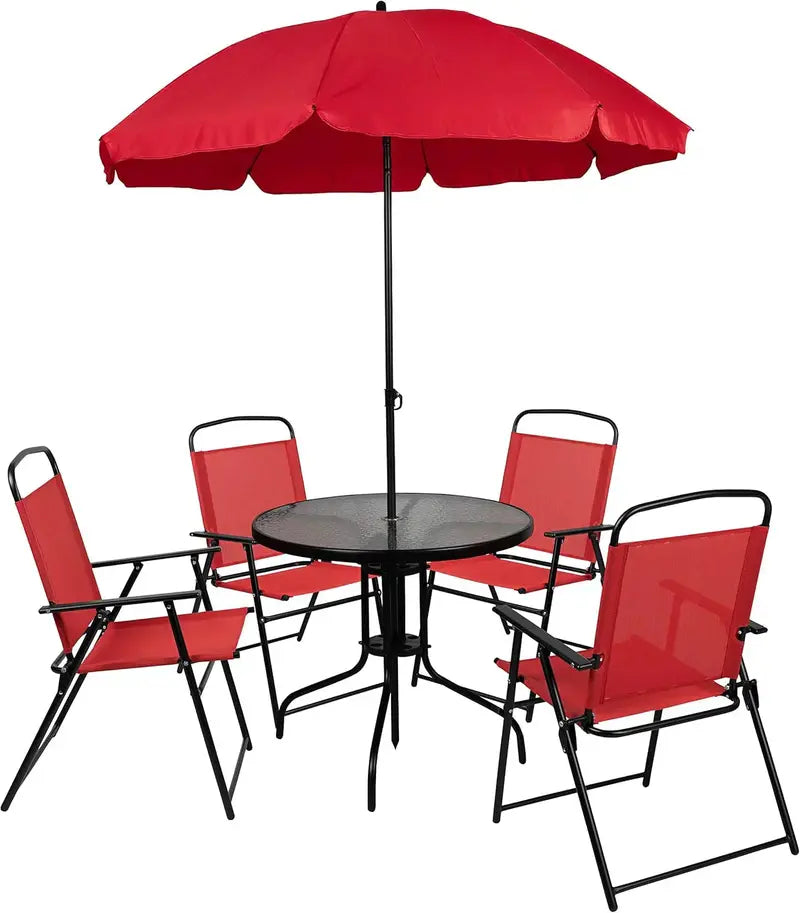 EMMA + OLIVER 6-Piece Brown Patio Set — Umbrella Table and Four Foldable Chairs