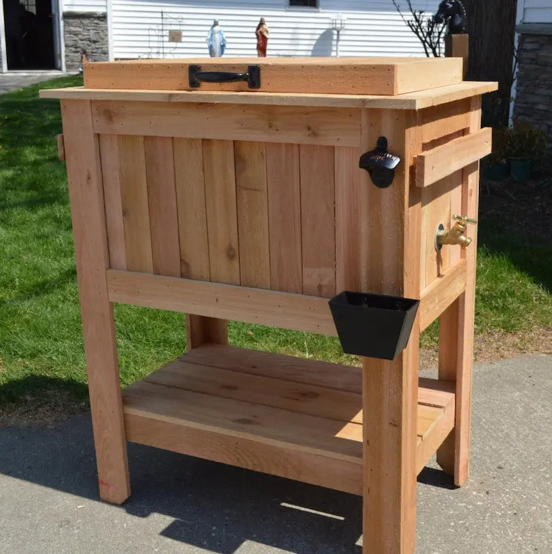 All-Weather 48-Quart Antiqued Cedar Beer Cooler Stand with Brass Drain and Bottle Opener