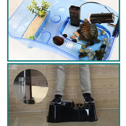 Deluxe Aquatic , Aquarium Box for Turtle Reptile Habitat Tank with Basking Ramp Platform Plants White