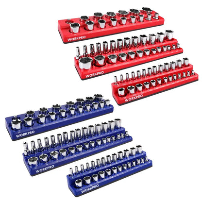 WORKPRO Magnetic Socket Organizer  6-Piece Tray System for 1/4″, 3/8″, and 1/2″ Drives, Holds 141 Standard Sizes