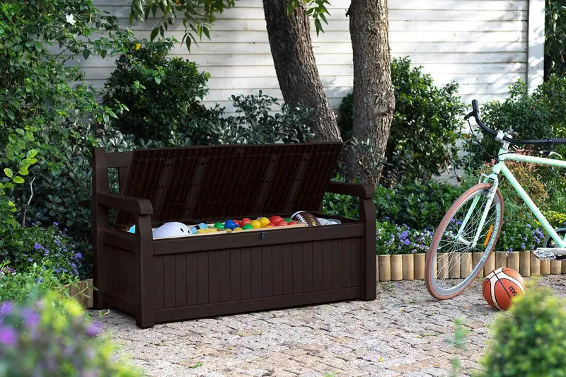 Keter Solana 70-Gallon Outdoor Storage Bench  Weather-Resistant Deck Box for Patio, Garden Tools & Pool Toys