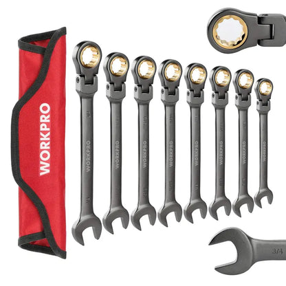 WORKPRO 8-Piece Flex-Head Ratcheting Combination Wrench Set with Storage Bag