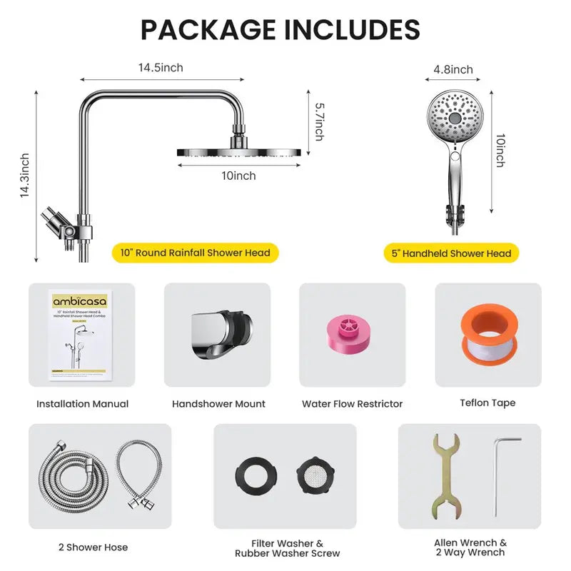 Ambicasa Luxury Dual Showerhead Combo, 10  Rainfall Shower Head   5  Handheld High Pressure Shower Head