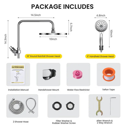 Ambicasa Luxury Dual Showerhead Combo, 10  Rainfall Shower Head   5  Handheld High Pressure Shower Head