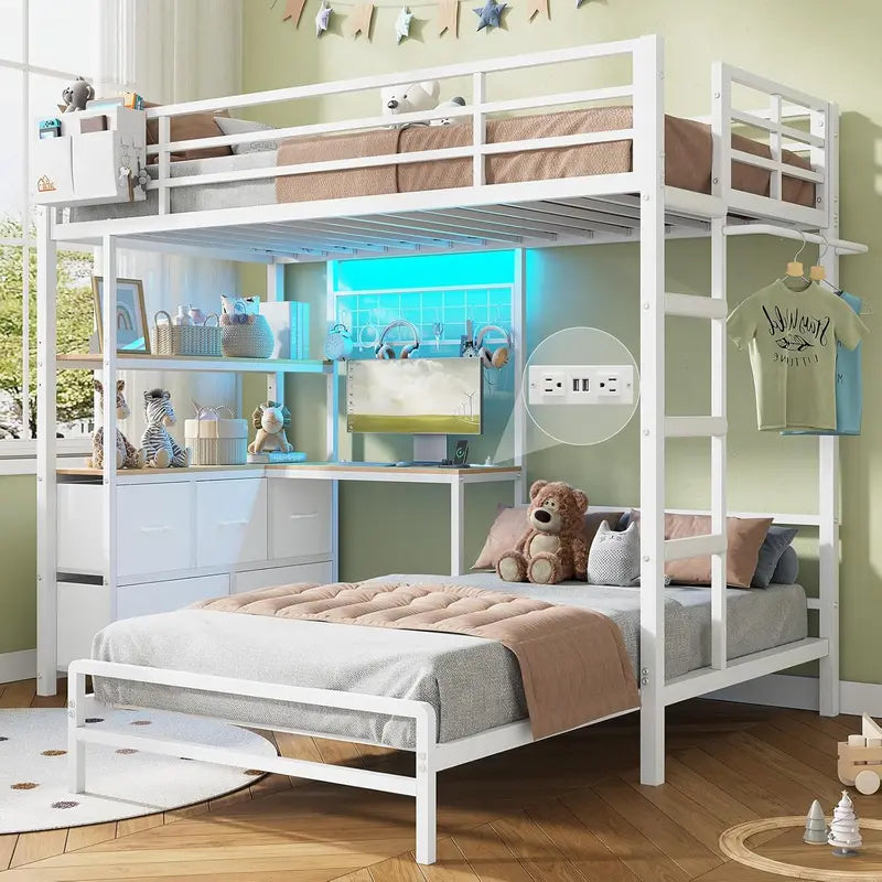 DICTAC Twin XL Bunk Bed with L-Shaped Desk, 5-Drawer Storage, and Dual Shelving