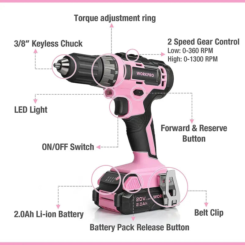 WORKPRO 20V Cordless Drill Driver  Pink Edition with Fast Charger & 11-Inch Carry Bag