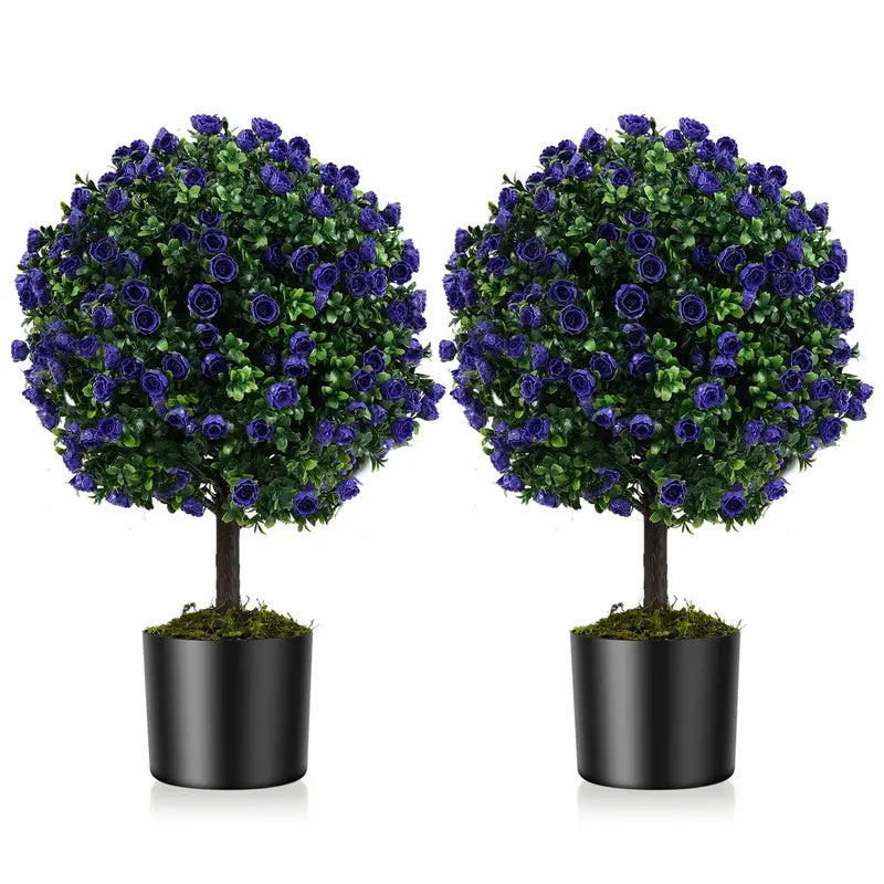 Set of 2 Artificial Purple Rose Topiary Balls  22-Inch Faux Shrub Arrangements in Decorative Pots