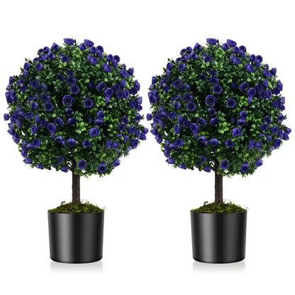 Set of 2 Artificial Purple Rose Topiary Balls  22-Inch Faux Shrub Arrangements in Decorative Pots
