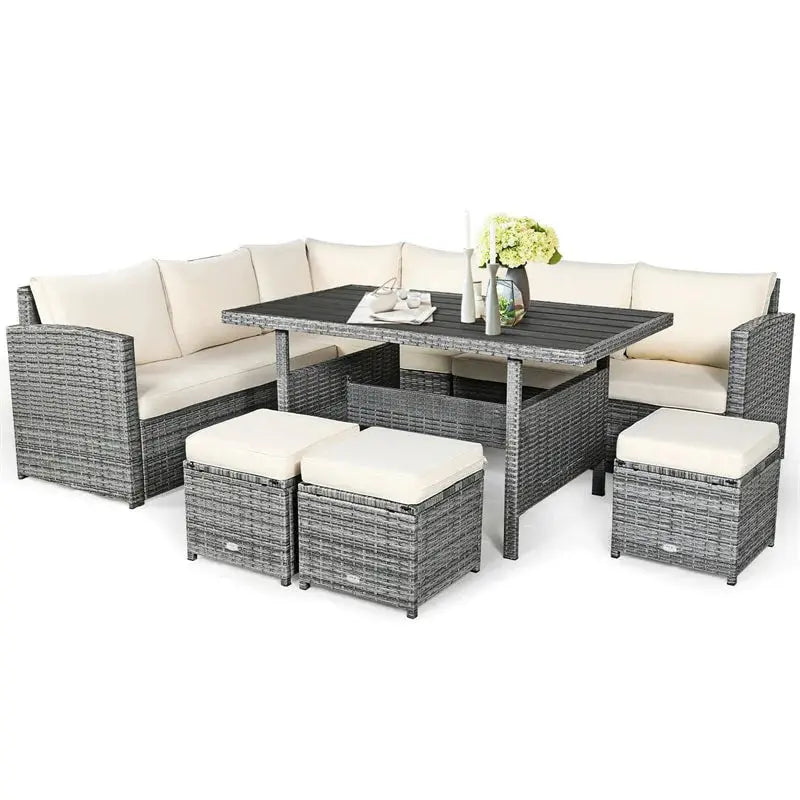 7-Piece Resin Wicker Outdoor Sectional Set  Rattan Sofa Group with Dining Table, Ottomans, and Weather-Resistant Cushions