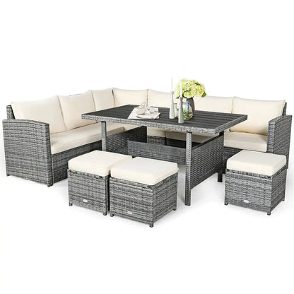 7-Piece Resin Wicker Outdoor Sectional Set  Rattan Sofa Group with Dining Table, Ottomans, and Weather-Resistant Cushions