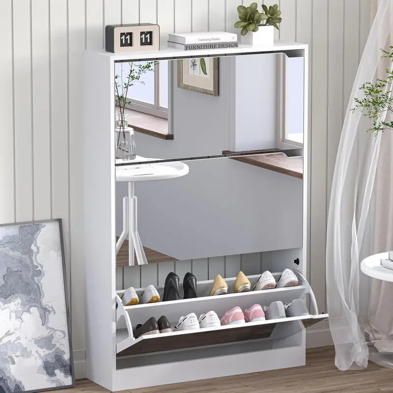 Discreet Freestanding Wood Shoe Cabinet with Three Concealed Flip Drawers
