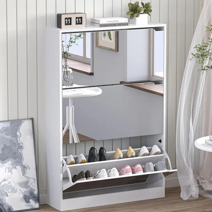 Discreet Freestanding Wood Shoe Cabinet with Three Concealed Flip Drawers