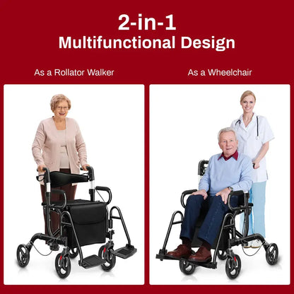Dual-Function Folding Rollator Walker and Transport Wheelchair for Seniors