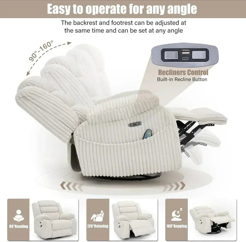 Electric Massage Rocker Chair: Rotating Recliner for Adults with USB Charging & Calorie Tracking