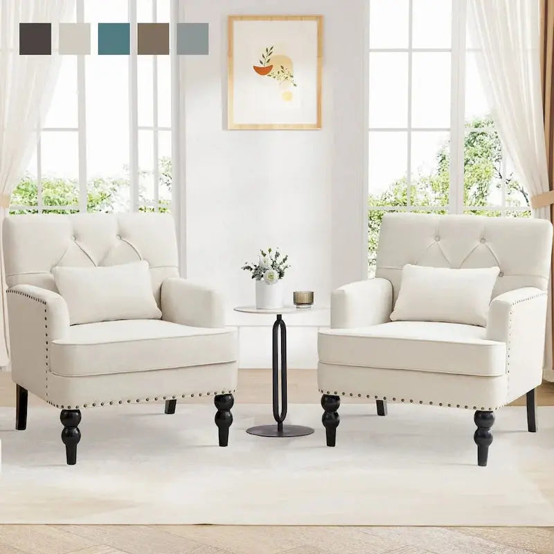 Set of 2 Button-Tufted Accent Chairs  Upholstered Armchairs with Lumbar Support Pillows in Beige, Grey, or Light Blue